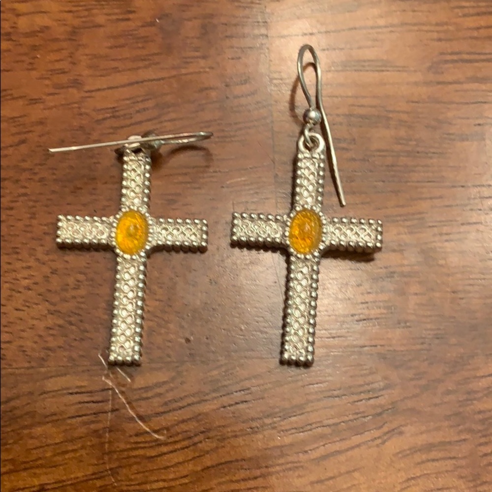 Silver Cross Drop Earrings with Amber Accent